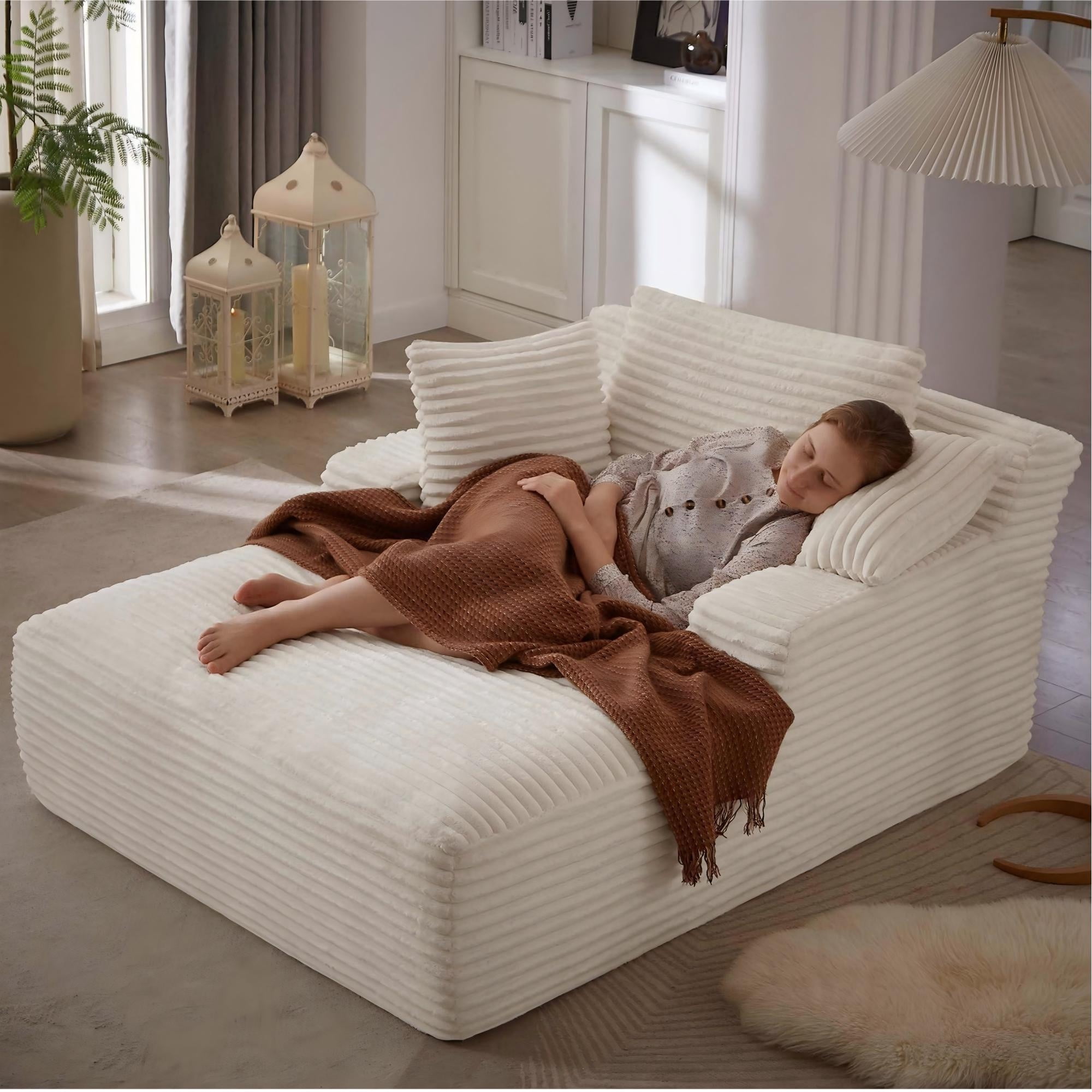 Aukfa 66" Oversized Chaise Lounge Indoor Chair Boneless Couch for Living Room Bedroom, 3Pillows, White