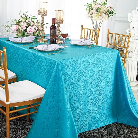 Wedding Linens Inc. 90"x 132" Seamless Rectangular Marquis Damask Jacquard Polyester Linen Tablecloth - Turquoise