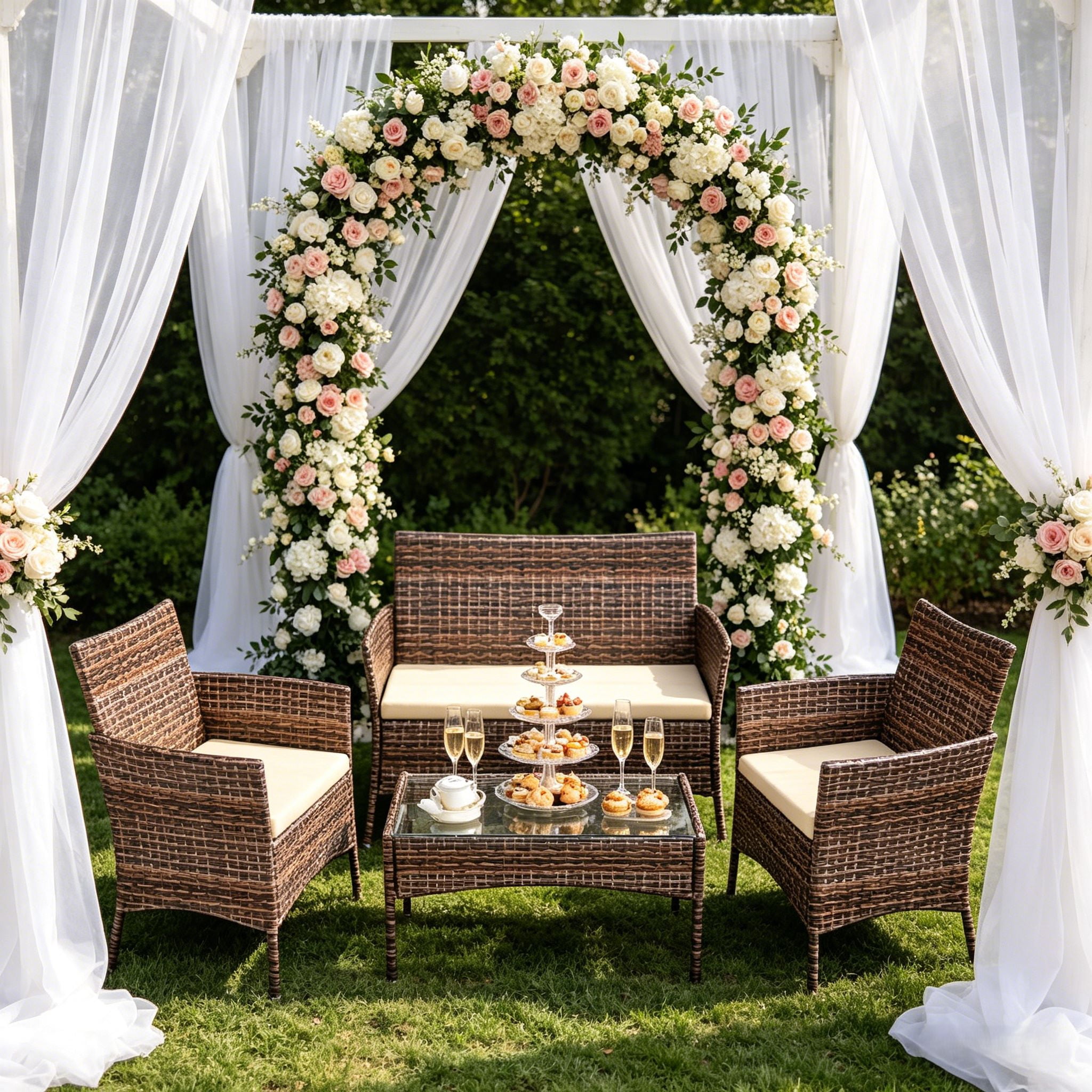 Ktaxon 4 Piece PE Rattan Wicker Outdoor Patio Conversation Set with Glass Coffee Table and Beige Cushions, Brown Gradient