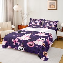 Manfei Child Bow Ghost Twin Sheet Sets, Kawaii Bat Spider Fitted and Flat Sheet, Purple Cartoon Halloween Microfiber Bedroom Decor, 3pcs