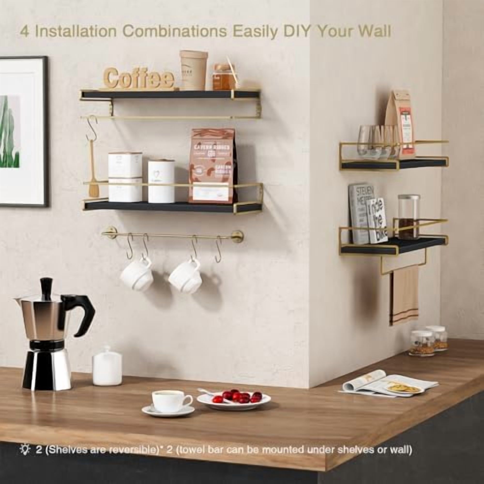 Black and Gold Bathroom Floating Shelves for Wall, Decorative Wall Mounted Shelves for Kitchen Coffee Bar Station Organizers and Storage, Hanging Shelving Unit for Bedroom Living Room (2-Pack)