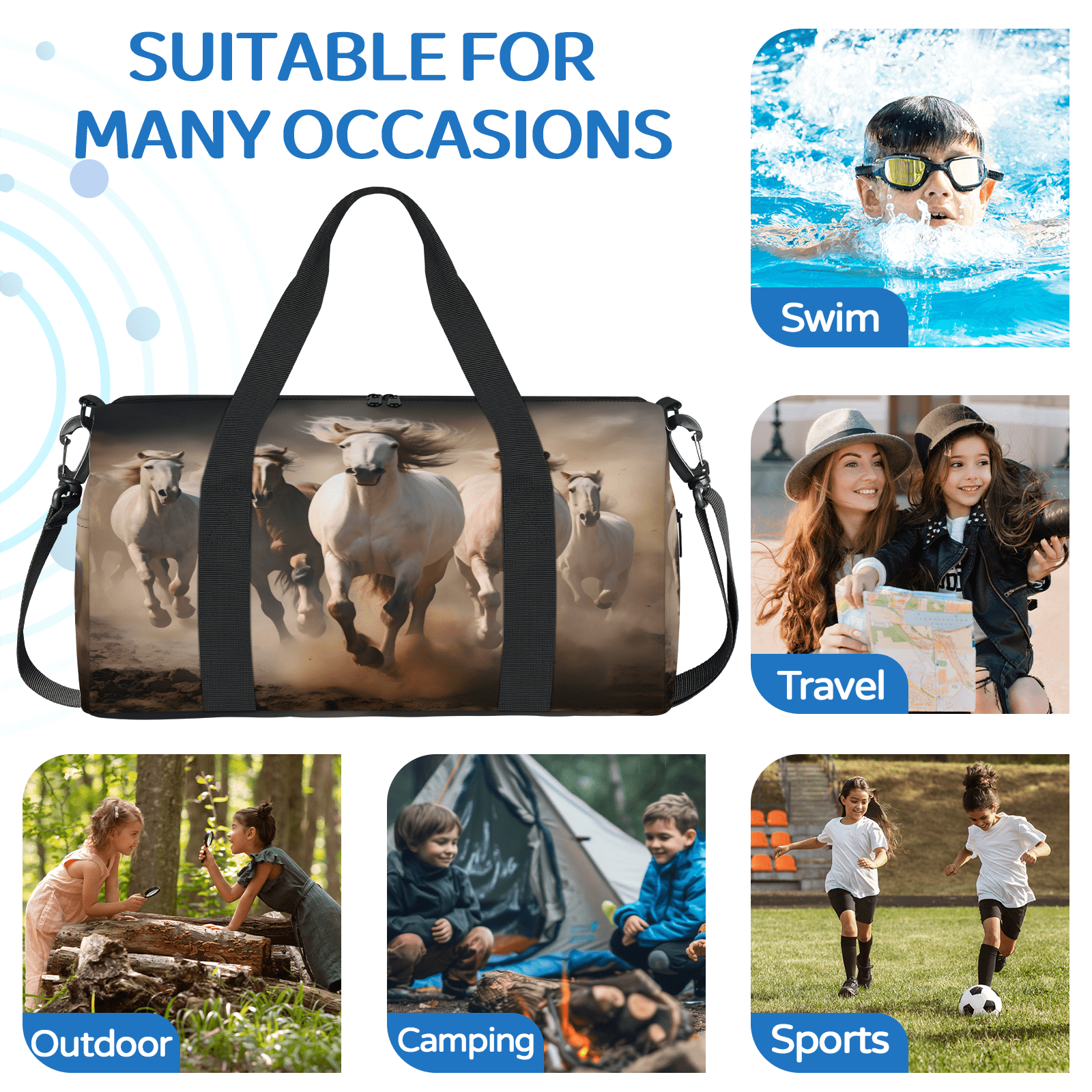 Herdesigns Running Horse Gym Bag for Women, Duffle Bag for Travel Sport, Lightweight Waterproof Carry on Weekender Overnight Dance Yoga Workout Bags