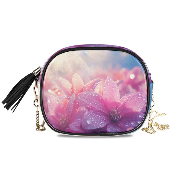 Womens Casual Chain Shoulder Bag Simple style Pink Flowers with Dewdrops Crossbody Bag