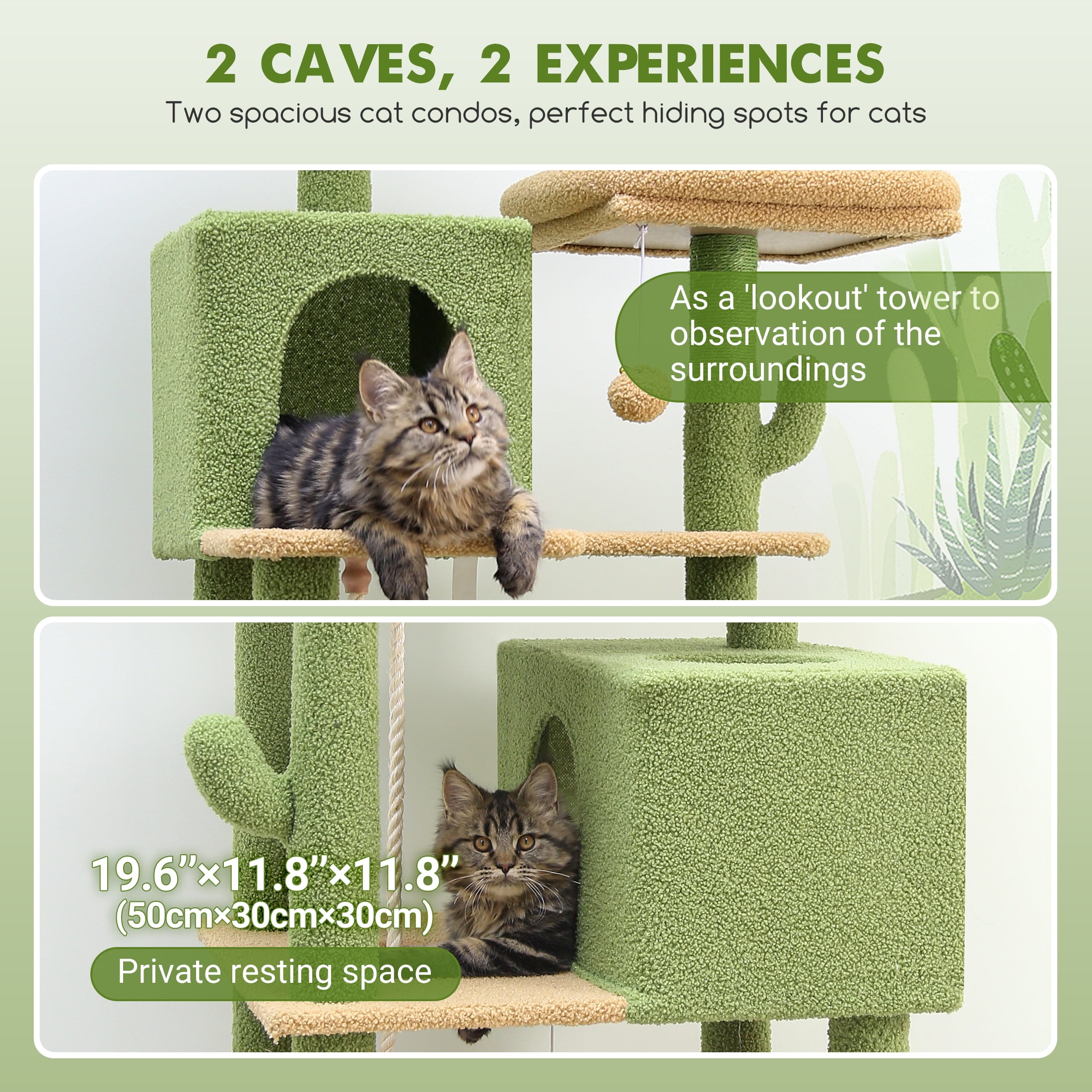 CT77F Cactus Cat Tree Tower | 76" Extra Tall Multi-Level Cat Castle with Cozy Condos, Perches, and Interactive Toys for Large Cats | Ideal for Climbing and Scratching