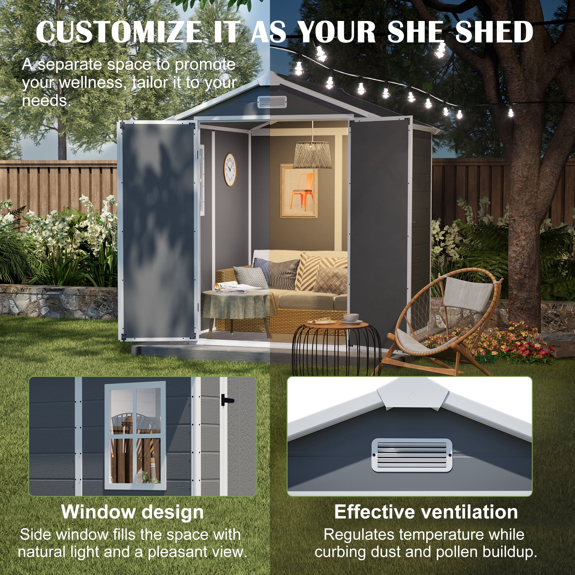 LZBEITEM 6' x 6' Plastic Outdoor Storage Shed with Floor, Resin Tool Shed Heavy Duty with Window and Lockable Door, Colorfast, for Garden Backyard 32 sq.ft