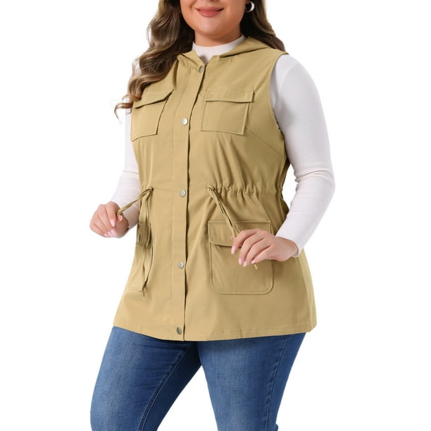Chaleco utilitario sin mangas de talla grande Agnes Orinda para mujeres, con cordón, ligero, con capucha, 1X, caqui