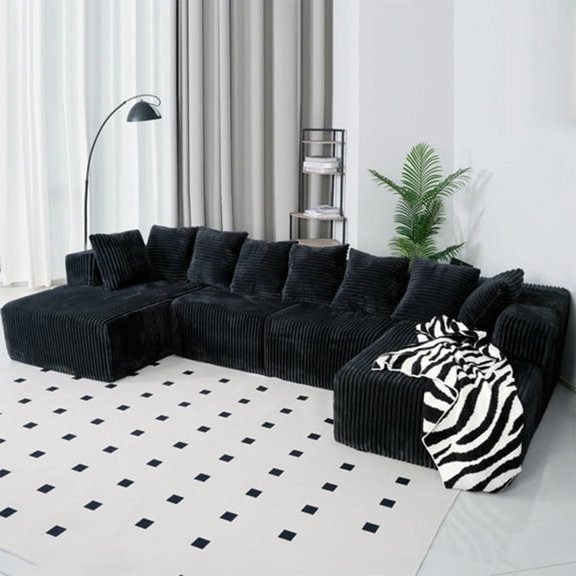 SOULART 130" Black U L-Shaped Modular Sectional Couch, U-Shaped Sofa with Chaise Lounge, Striped Corduroy Upholstered 4-Seater Sofa with Pillow Back and Square Arms