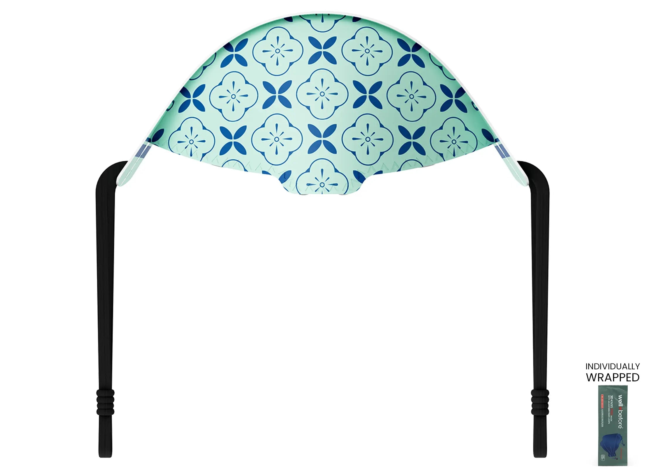 WellBefore Premium KN95 Disposable 4Ply Face Masks, Pack of 10, Medium, Aqua Bloom, Individually Wrapped, Adjustable Ear Loops, 3D-Style