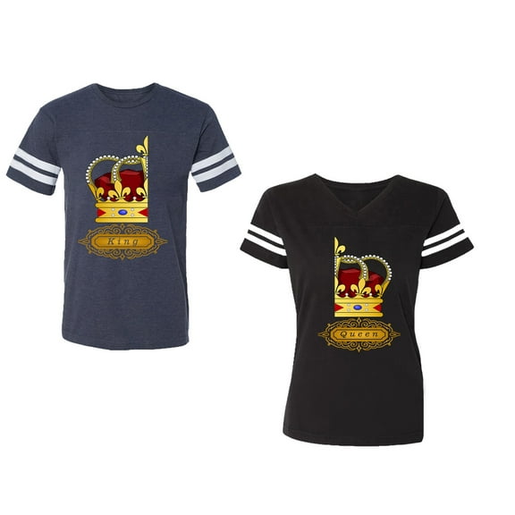 King Queen Red Gold Crown Unisex Couple Matching Cotton Jersey style T-Shirt Contrasting stripes on sleeves (Men Navy / Women Black) (Men S / Women S)