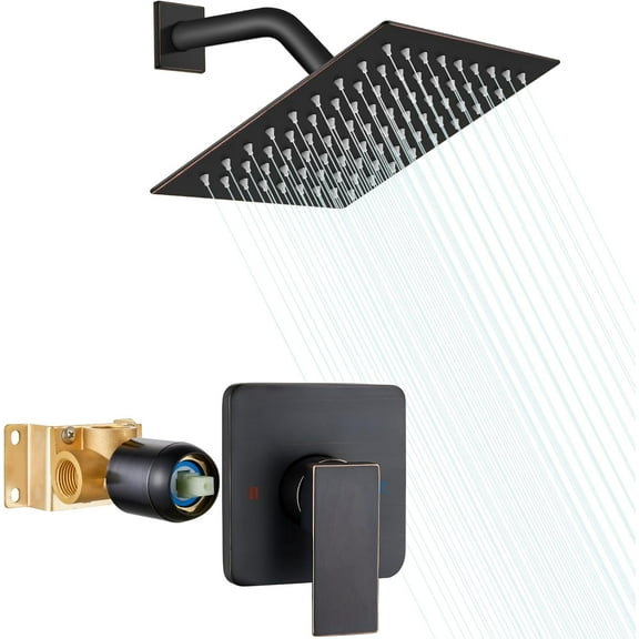 8 Inch Shower Head and Handle Set Square Shower Faucet Set Bathroom Rainfall Shower System Stainless Steel Showerhead Single Function Shower Trim Kit,Female Thread Valve,Oil Rubbed Bronze