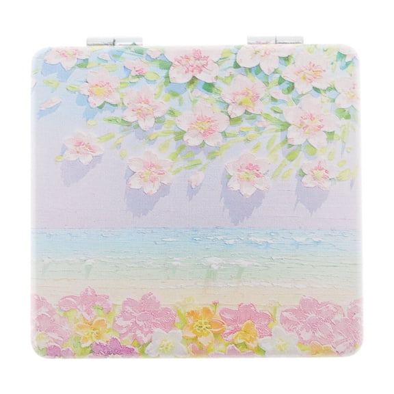 Unique Bargains 1 Pc Women Hand-painted Oil Painting Makeup Mirror for Travel Pink Purple Blue Metal PU Glass