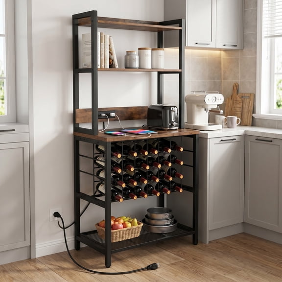 Resenkos Wine Bar Cabinet Wine Rack with 4 Tier Storage Shelves and Glass Holders-Brown, Wine Storage Racks, Bar Cabinet, for Kitchen Dining Room