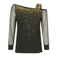 thumbnail image 3 of felwors Women Black Long Shirts Sequin Mesh Tops Print Casual Splice Off Shoulder Cold Loose Sleeve T-Shirt Shiny Blouse Gold, XXL, 3 of 6