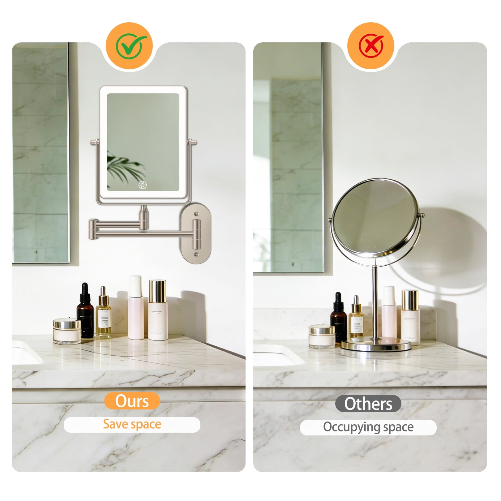 Funtouch Double Sided 1X 10X Magnifying Wall lighted Mounted Makeup Mirror with Extended Arm, 360° Swivel Foldable, 3 Color Settings,Nickel