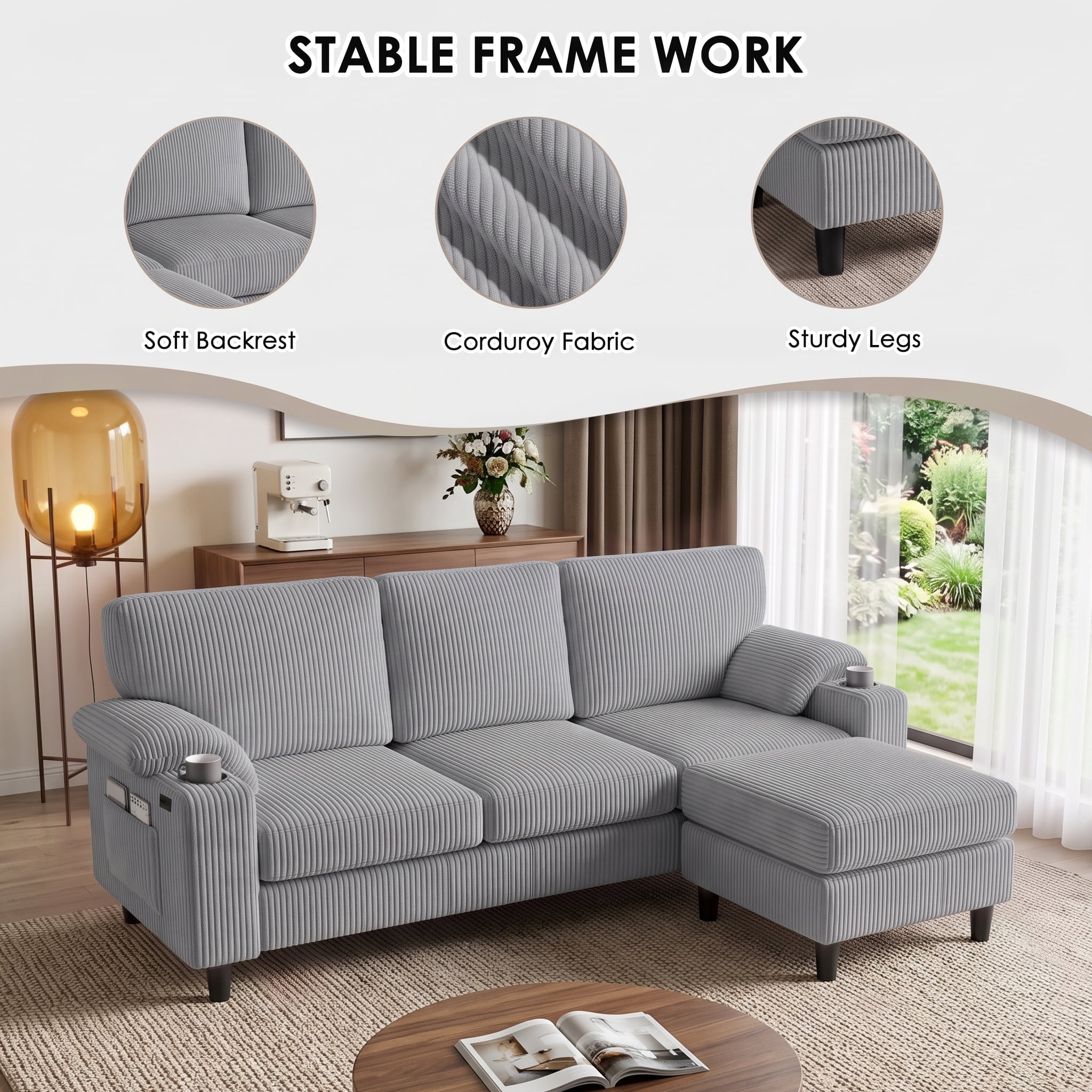 Anpport 80" L‑Shaped Corduroy Sectional Sofa, 3‑Seater Couch with Storage Ottoman, USB Port & Cup Holders for Small Spaces, Light Gray