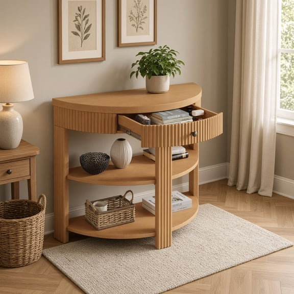 Fluted Half Moon Console Table with Drawer & 2 Shelves, Elegant Curved Entryway Table with Vertical Fluted Detail, Space-Saving Storage for Hallway Living Room,Natural
