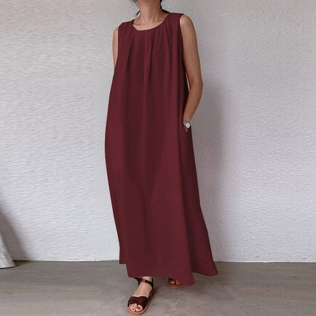 Robes Maxi pour Femmes 2023 Décontractées Grande Taille Mode Été Solide Col Rond Sans Manches Robe Chandail Robes de Soirée pour Femmes Élégantes Élégantes en Liquidation