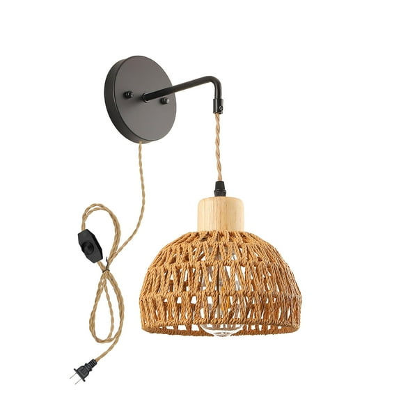 KAYYELAMP Hand-Woven Rattan 9.8Feet Plug in Dimmer Cord Adjustable Hollow Wall Sconce Retro Design for Loft Living Room Bedroom Farmhouse