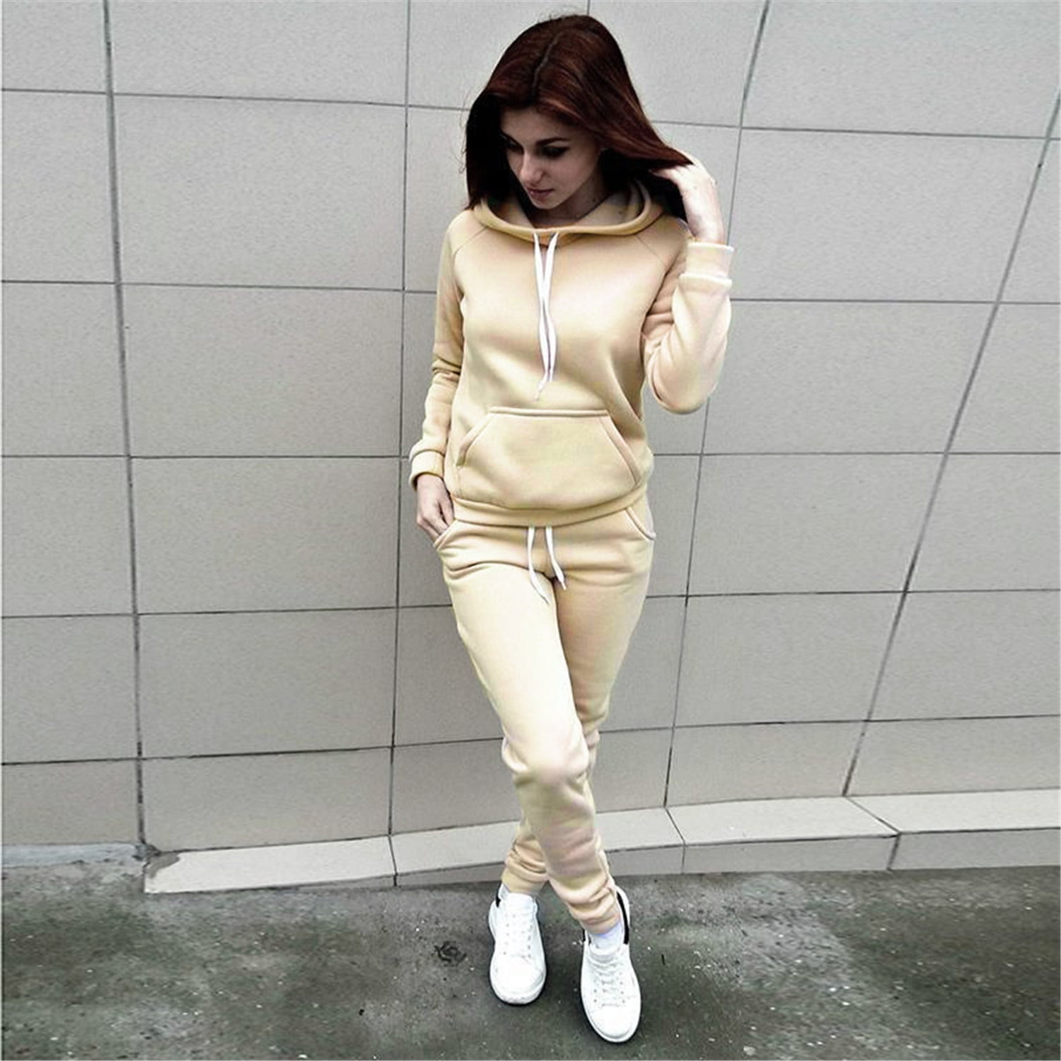 Fashion Women Color Patchwork Hoodie Long Sleeve Elastic Waist Outfits Sport 2pc