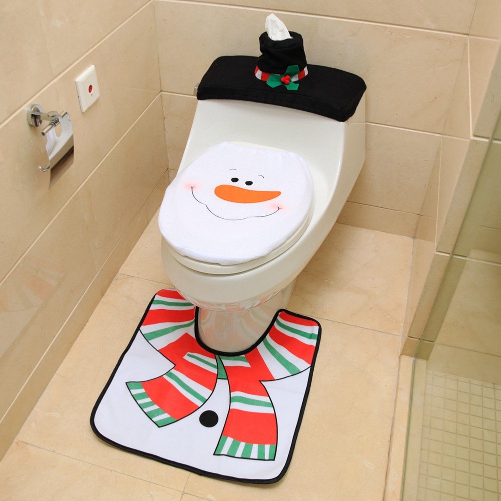 Set Of 3 Joyful Christmas Snowman Toilet Seat Cover And Rug Set