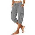 thumbnail image 6 of Womens Cargo Capri Pants, Elastic Waist Drawstring Cropped Pants with Multi Pockets, Outdoor, Walking Casual Workout Wear | VerBelle,Gray L, 6 of 7