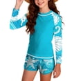 thumbnail image 2 of BRGZLK Girls' 2 Piece Swimsuit Summer Beach Hawaiian Print Long Sleeve Quick-Dry Rash Guard Bathing Suit with Boyleg Shorts Swimwear Modest Two-Piece Swimsuit Set Blue 14-15 Years, 2 of 7