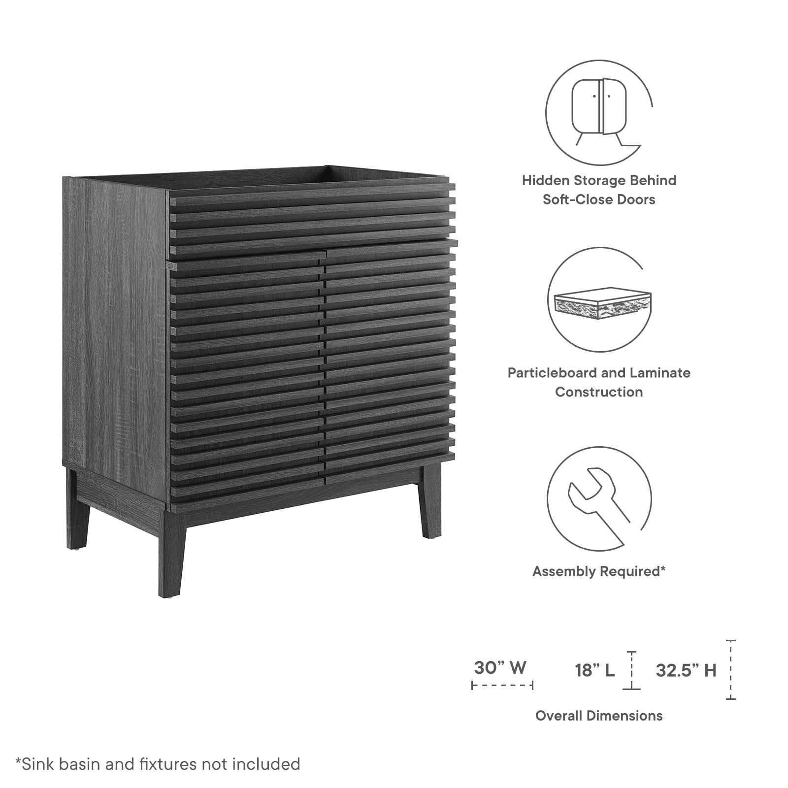 Modway Render 30" Bathroom Vanity Cabinet (Sink Basin Not Included) in Charcoal