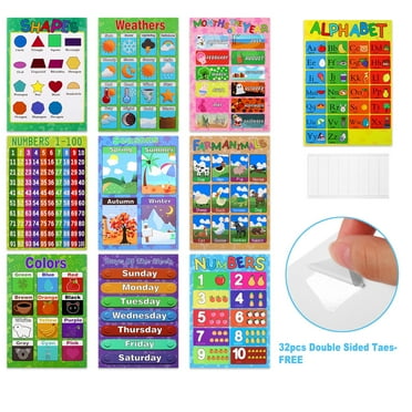 10Pcs Interactive Alphabet Wall Chart, ABC Week Numbers Farm Animals Seasons Weathers Months Teaching Chart Learning Toy, Preschool Learning Educational ABC Number Wall Poster for Infant & Toddler