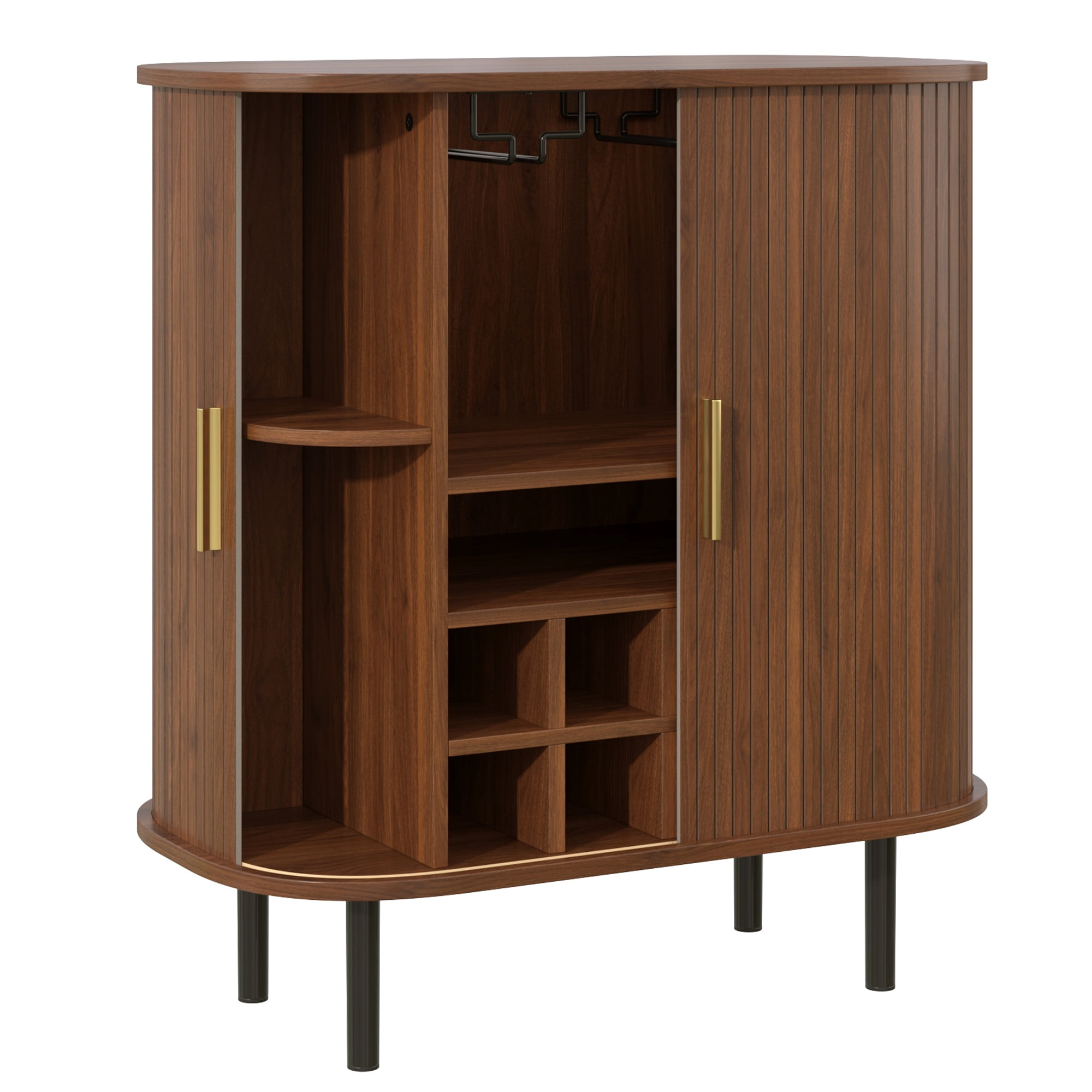 Euroco 28" Wine Bar Cabinet, Standing Liquor Cabinet with 8 Wine Racks,2 Glass Holders,Sliding Doors & Side Hidden Storage Space,Coffee Bar Cabinet with Adjustable Shelves for Kitchen Dining Room