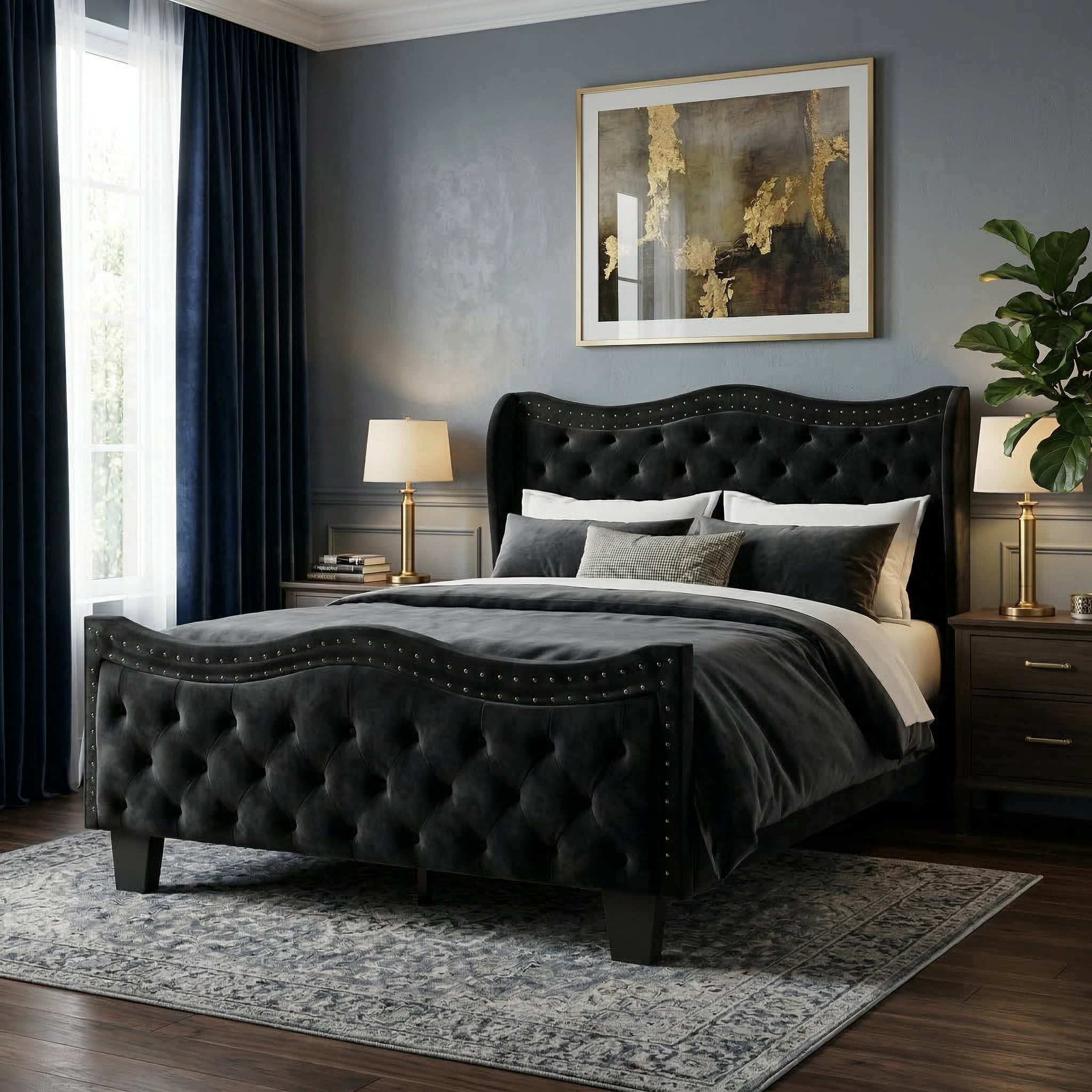 YAURA Jet Black Velvet Queen Bed Frame, Upholstered Platform Bed with 50" Tall Wingback Tufted Headboard & Footboard, Sturdy, Noise Free, No Box Spring Needed