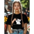 thumbnail image 5 of Women's T-Shirt Single Line Drawing Cute White Cat Line Short Sleeve Casual Tee Classic Crew Neck T Shirt for Women Black, M, 5 of 7