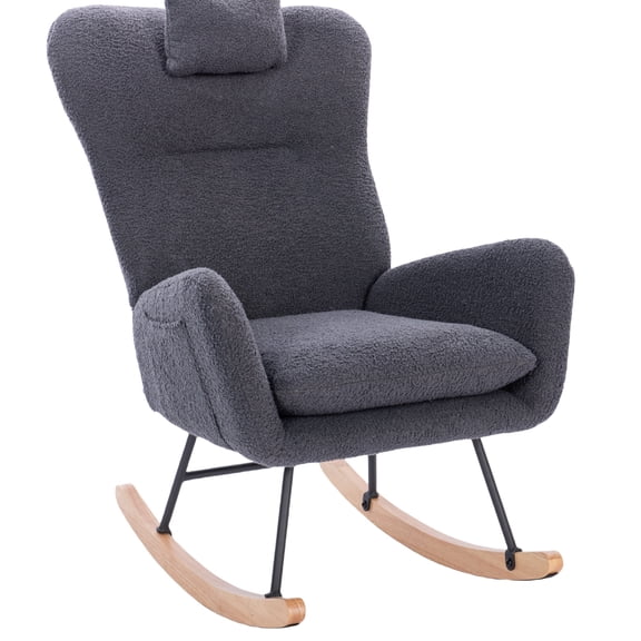Teddy Upholstered Nursery Rocking Chair, High Back Soft Fabric Rocker for Breastfeeding, Living Room, Bedroom, Grey