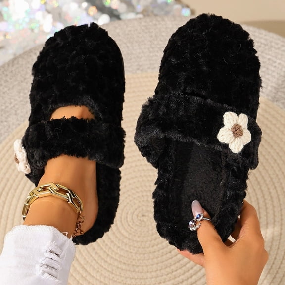 Women Curly Fleece Crochet Flower Mary Jane Backless Mule Slippers Black 6.5-7
