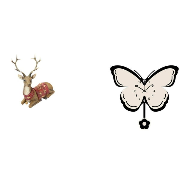 Adorno de mesa de mariposa y reno, escultura de alce, reloj decorativo, figura de ciervo, reloj colgante de pared para sala de estar, oficina, dormito