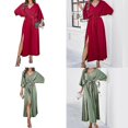 thumbnail image 2 of Women Sexy Backless Batwing 3/4 Sleeve Belted Long Dress Solid Color Side Split Flared Loose Cocktails Party Dresses Green XL, 2 of 5