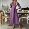 thumbnail image 6 of Sokhug Womens V Neck 3/4 Sleeve Midi Dress with Chest Pocket Casual Loose Fit Textured Linen-Blend Tunic Dress, 6 of 9