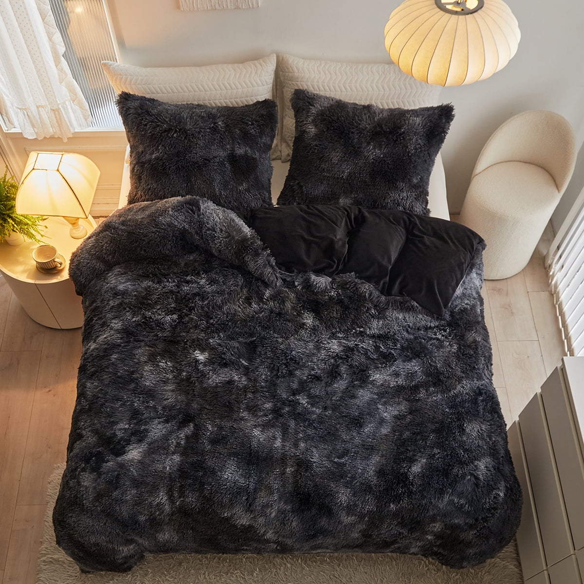 Wajade Plush Duvet Cover Set Fluffy Fuzzy Comforter Cover Set (1 Duvet Cover+2 Pillow Shams) King Size,Black