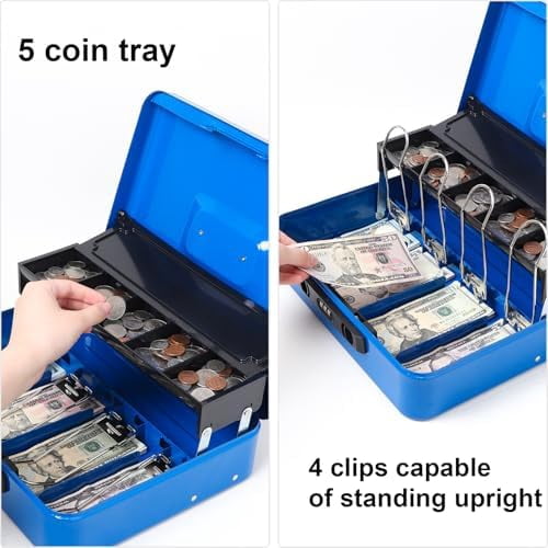 Locking Cash Box with Coin Lid, 11.8L x 9.5W x 3.5H Inches, Latch Safe Money Box with Combination Lock, Blue