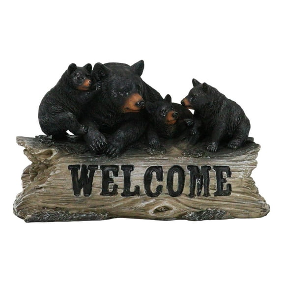 Rustic Forest Black Mama Bear And 3 Cubs Sitting On Welcome Log Sign Figurine