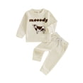 thumbnail image 2 of Aojekbee 2-Piece Toddler Boys Waffle Set Letter Cow Embroidered Long Sleeve Round Neck Tops Drawstring Pocket Long Pants Outfits, 2 of 10