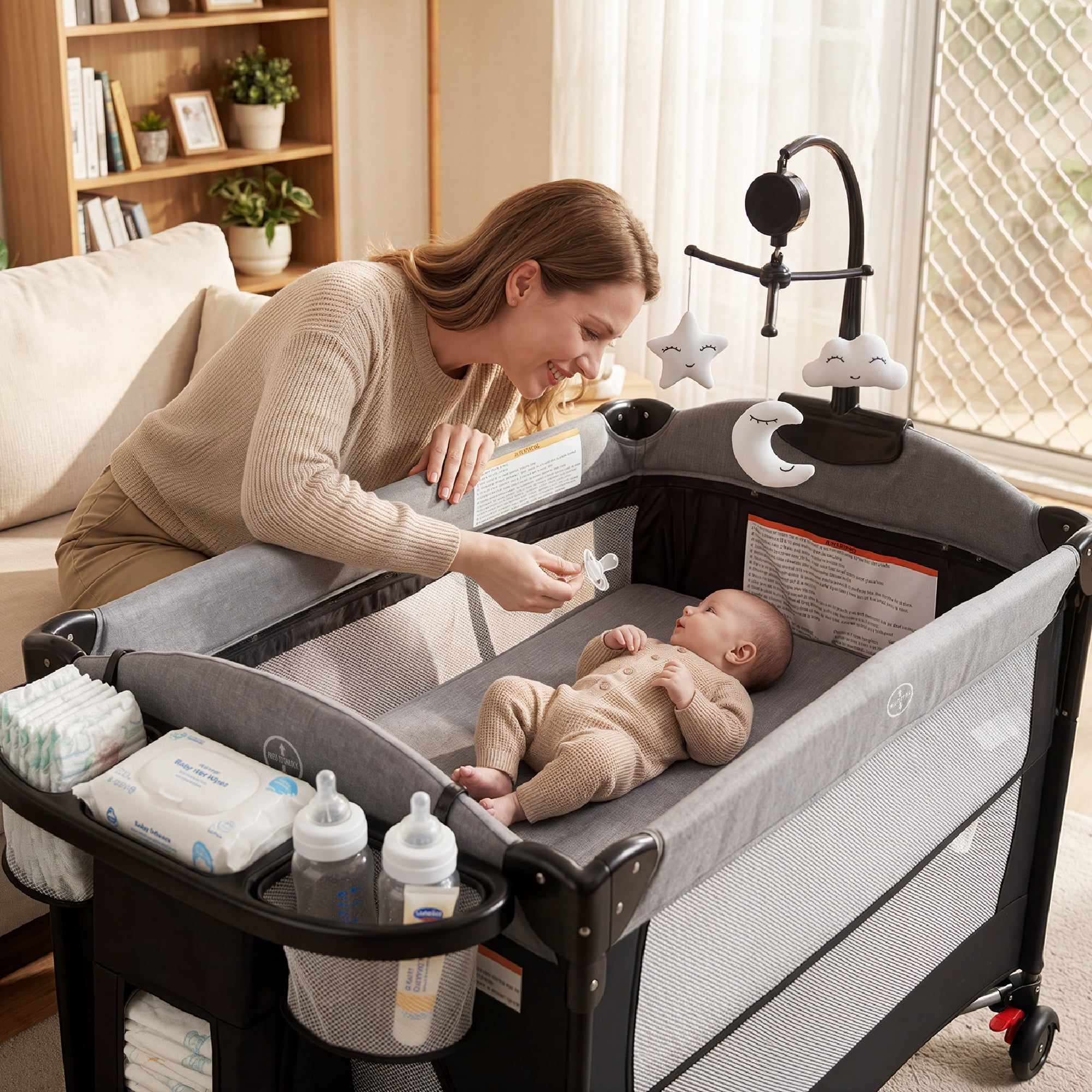 AILEEKISS 4-in-1 Portable Baby Play Yard with Changing Table for Newborn, Grey