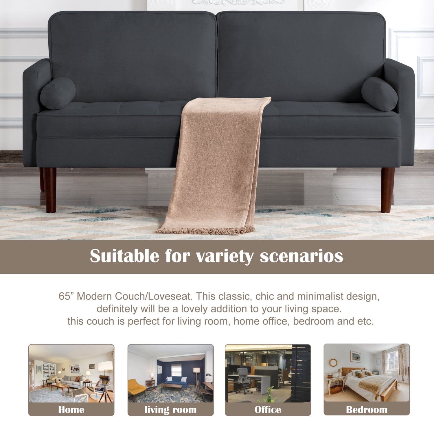 Gewnee 65 Inch Loveseat Sofa,2-Seater Sofa Couch with 2 Pillows for Living Rooms, Offices,Bedrooms(Dark Gray）