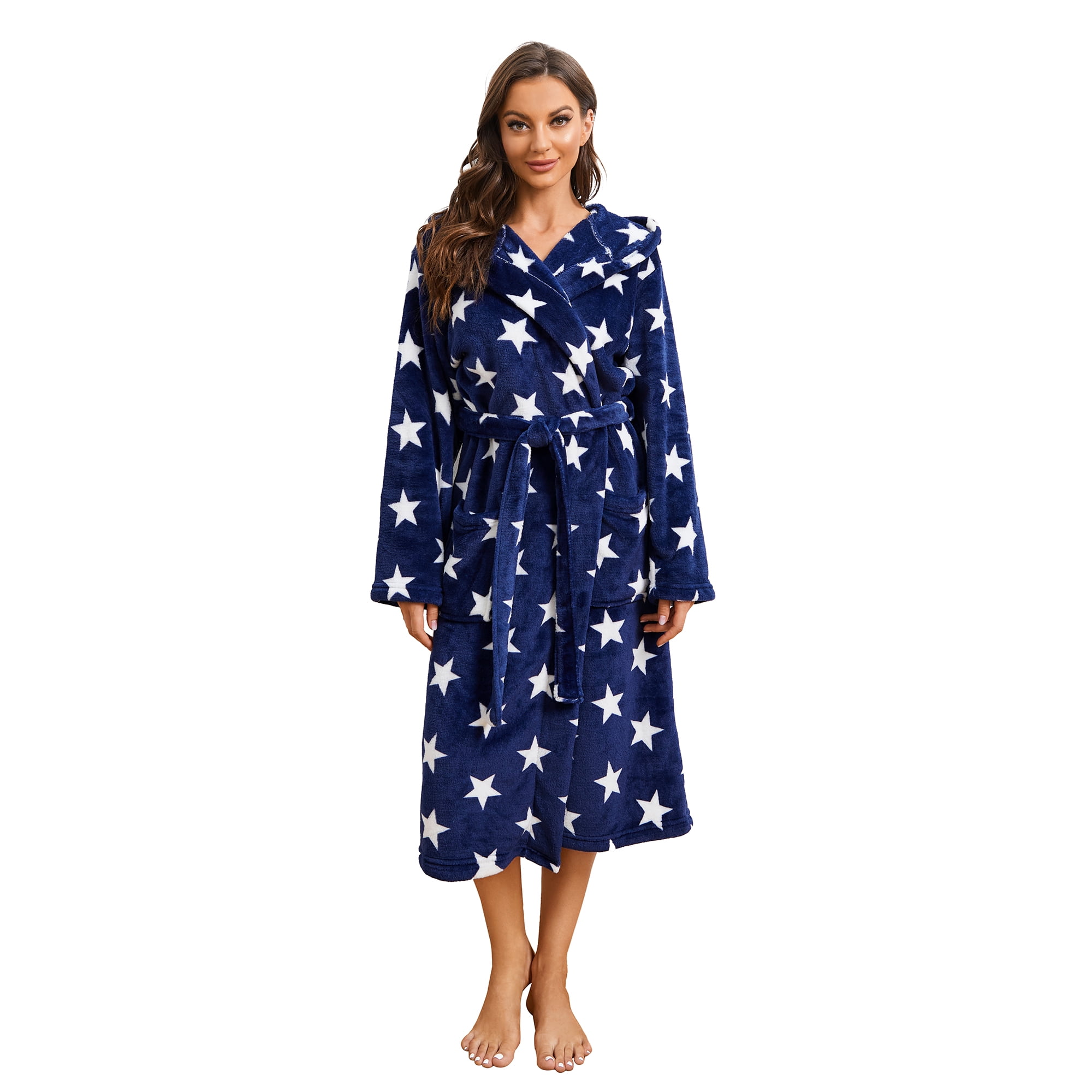 HEARTNICE Womens Robes, Fleece Kimono Long Bathrobe, House Coat, (Navy Star LXL)