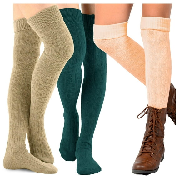 TeeHee Women's Fashion Over the Knee High Socks - 3 Pair Combo (Cable Cuff Basic Combo)