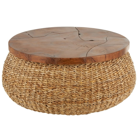 DecMode 35" x 15" Brown Rattan Wrapped Coffee Table with Teak Tabletop, 1-Piece