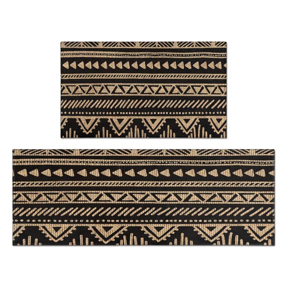 Set of 2 Boho Kitchen Mats - Modern Farmhouse Rugs with Moroccan Design - Non-Skid, Absorbent, with Rubber Bottom (Black, 17x47 17x30)