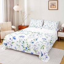 Manfei Cute Flower Bed Sheets,Country Floral King Sheets,Blue Green White Sheet Set For Princess,Super Cozy Room Decor,4-Piece