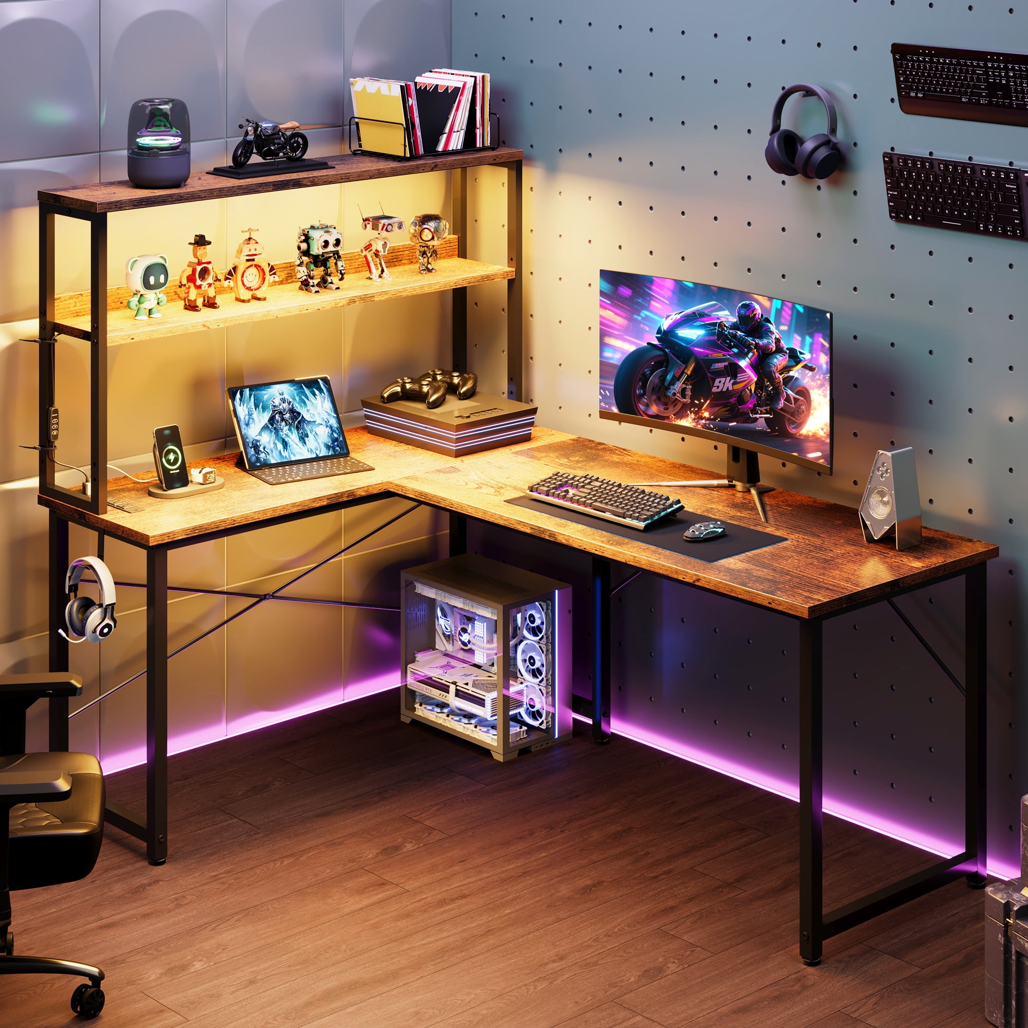 Casacomoda 53 Inch L Shaped Desk with LED Light & Power Outlet, Reversible L Shaped Computer Table with Shelf & Hook for Home Office, Vintage