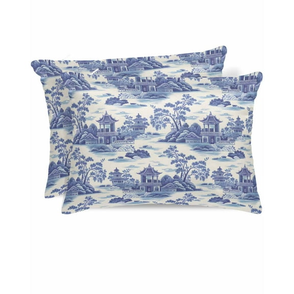 Hokiten King Size Pillow Cases Set of 2, Pillow Covers for Bed, Purple Garden Satin Pillowcases with Zipper for Hair/Skin, Modern Art Building Trees Rock Landscape 20x36 Inches