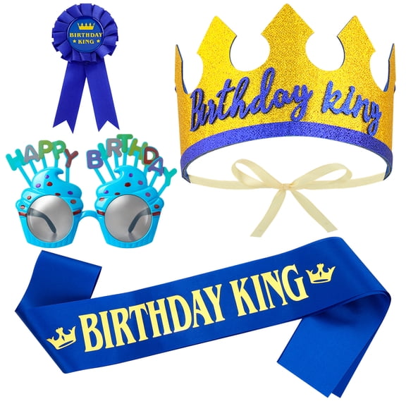 sixwipe Birthday Boy Party Dress Up Set, Glitter Sash Crown Hat Pin and Glasses, Happy Birthday King Costume Accessories, Birthday Party Favors Decorations Photo Props for Kids Men